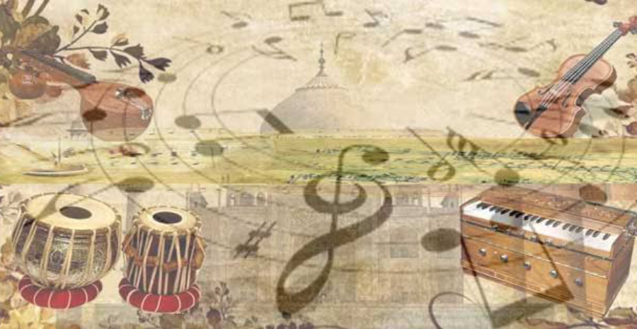 Showing Classical Music Instruments in a pale brown background.